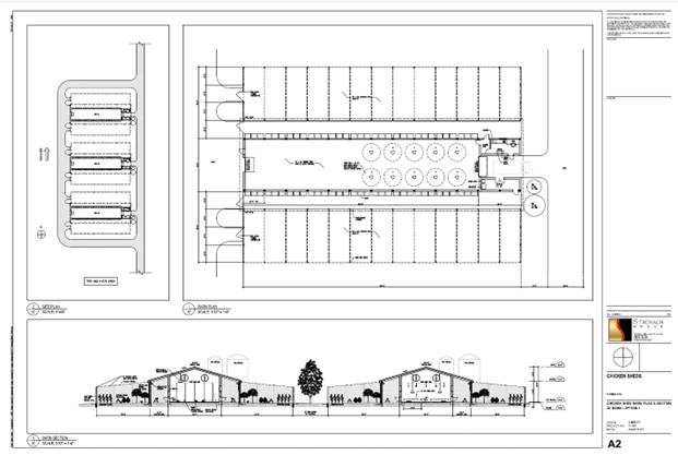 Architectural diagram detailing the chicken broiler barn layout and equipment