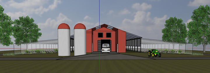 Exterior render of the chicken barn design featuring passive ventilation