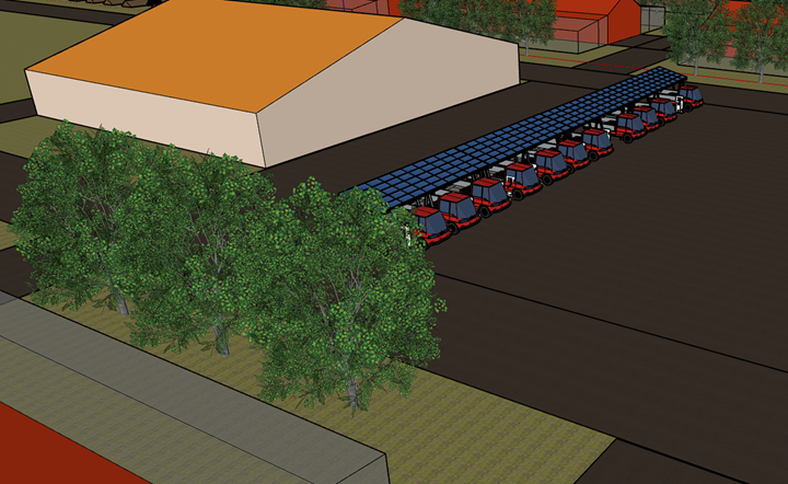 Render highlighting integrated solar arrays on barn roofs